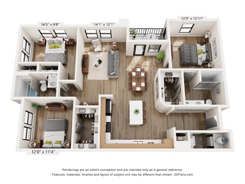 Floor plan for 3 beds, 2 baths, 1384 sqft